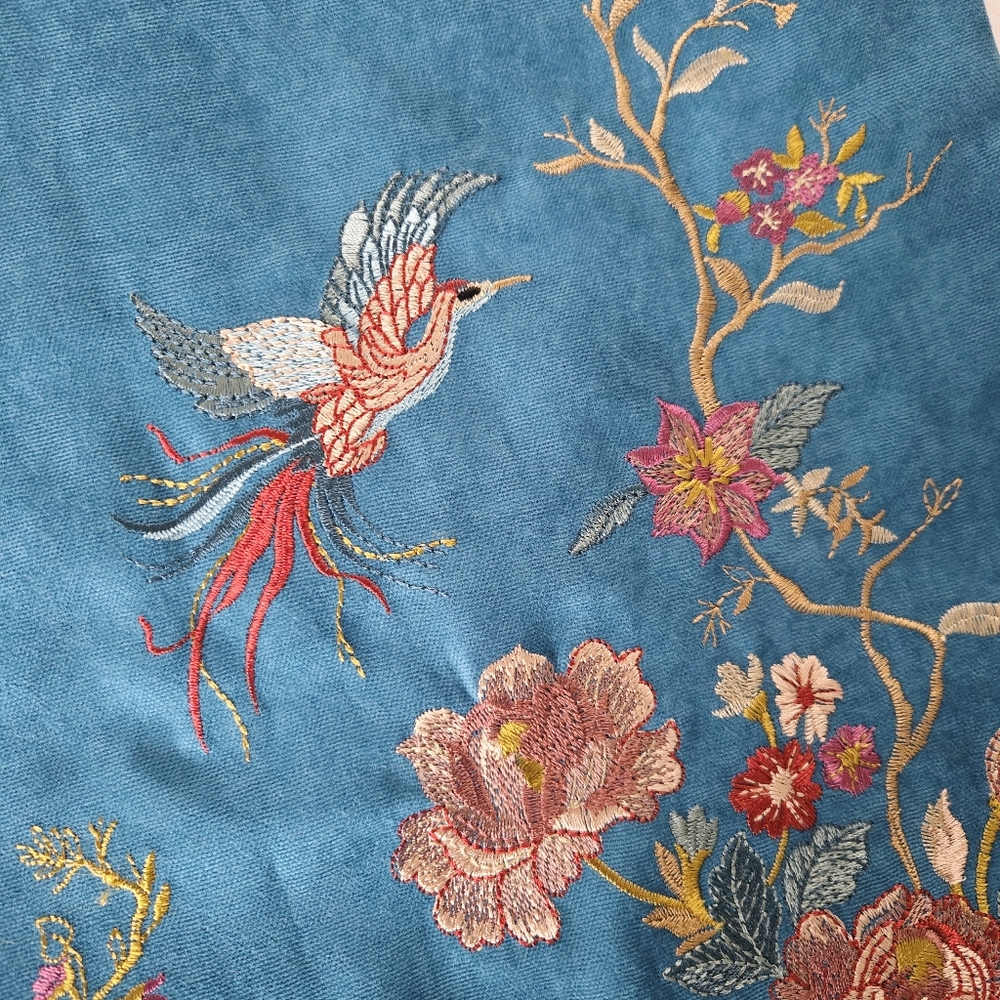 Handmade Blue Intricate Floral Bird Square Pillowcase - Picture 2 of 7